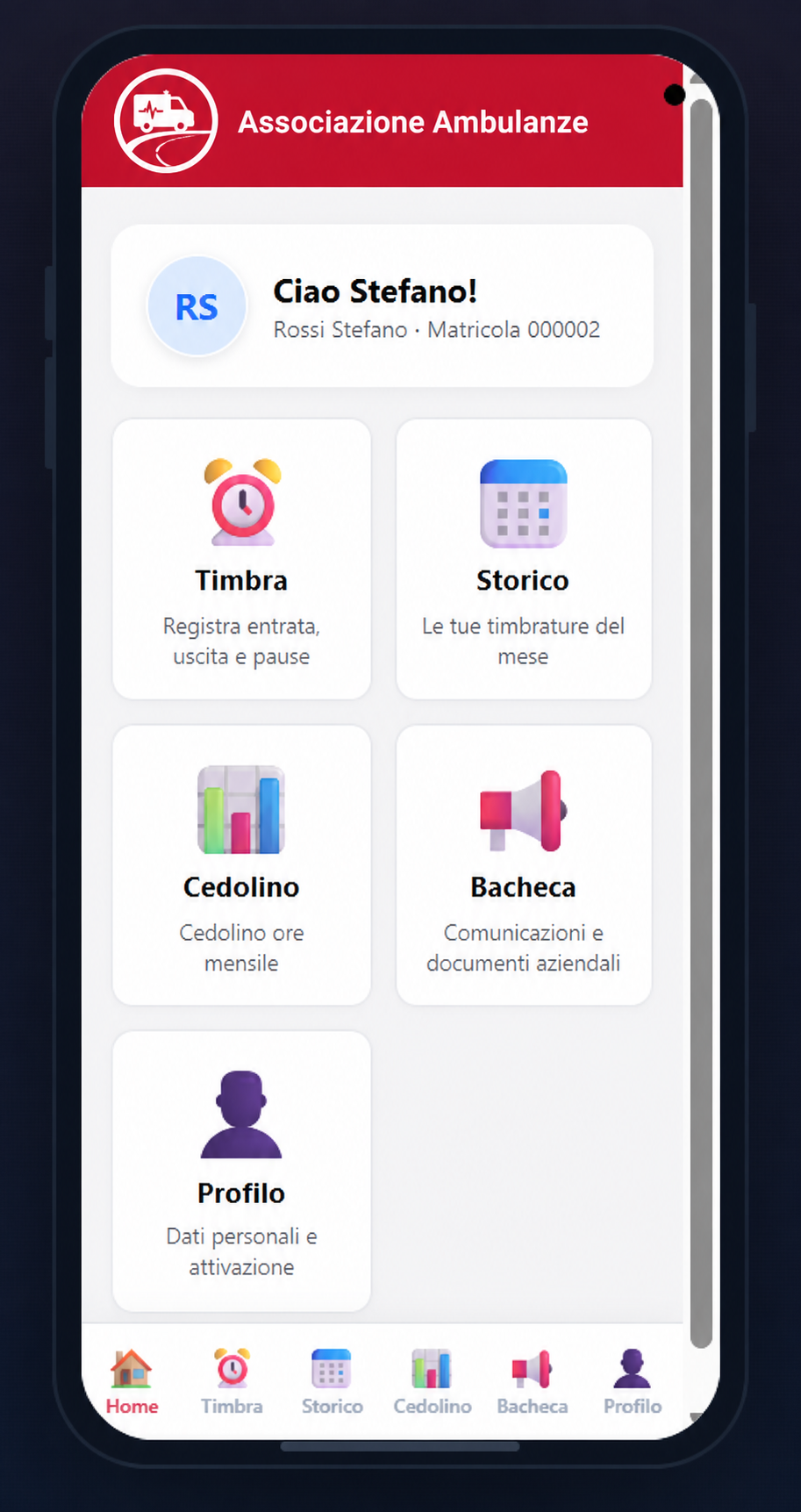 App mobile, vista principale